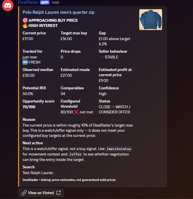 DealRadar Discord analysis showing a listing price compared with a target maximum buy price and resale estimates.