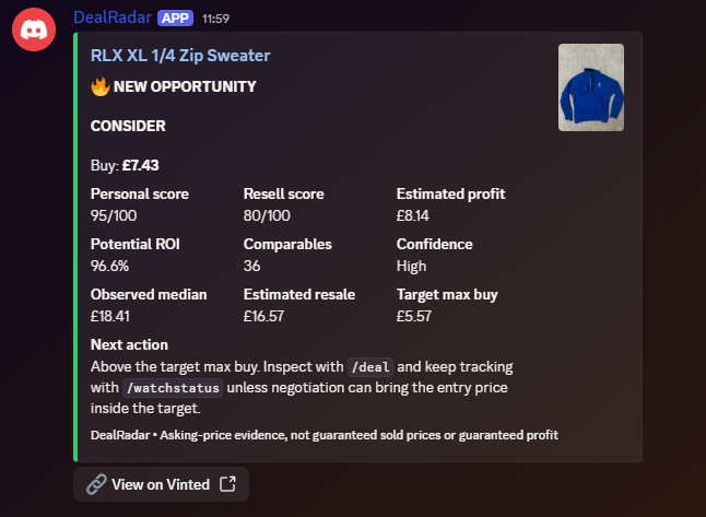 DealRadar Discord output showing a Vinted UK resale opportunity with listing and resale analysis.
