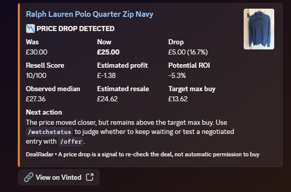 DealRadar Discord output showing a re-checked Vinted UK listing with updated resale estimates after a price change.