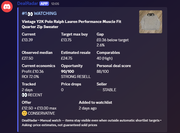DealRadar Discord watchlist output showing a tracked Vinted UK listing with resale economics and a strong resale assessment.